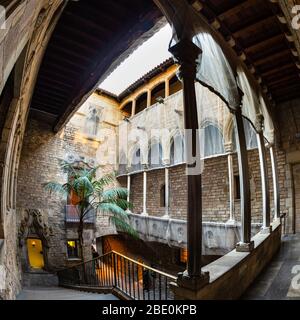Fisheye view of the interior entrance courtyard of the Picasso Museum (Museo Picasso), Barcelona Spain.