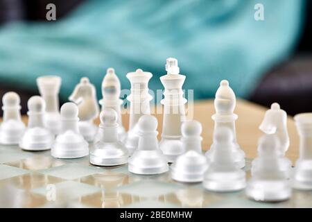 Close up of frosted glass chess pieces on a glass chess board with shallow depth of field Stock Photo