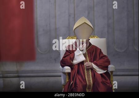 Vatican City State, Vatican City. 10th Apr, 2020. Pope Francis celebrates the ceremony of the Good Friday Passion of the Lord Mass in Saint Peter's Basilica at the Vatican on Friday, April 10, 2020 The ceremony was seen via video. Photo by Stefano Spaziani/UPI Credit: UPI/Alamy Live News Stock Photo