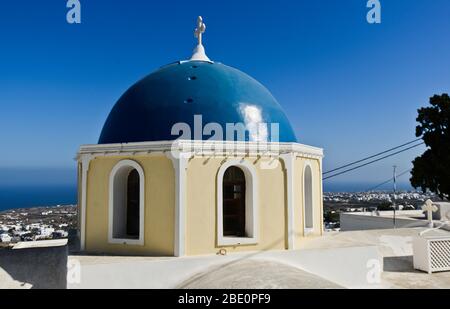Blue dome church in Fira, Santorini, Greece Stock Photo
