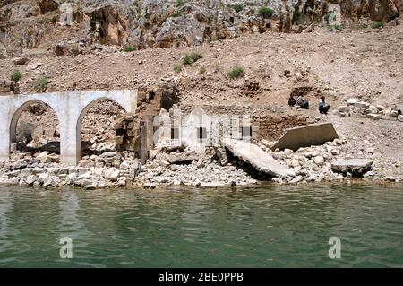 FIRAT RIVER, TURKEY - JANUARY 06: Villagers waiting river boat in Firat River Coastline (Euphrates River) on January 06, 2000 in Gaziantep, Turkey. Stock Photo