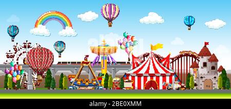 Themepark scene with many rides at day time illustration Stock Vector ...