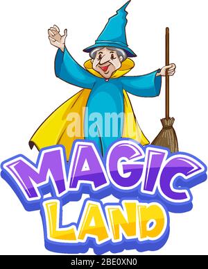 Font design for word magic land with wizard and broom illustration Stock Vector