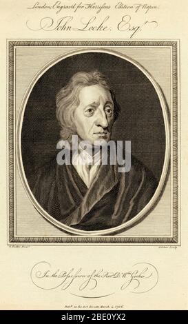 An engraving of John Locke from 1786. John Locke (1632-1704) was an English philosopher who spent his early years lecturing at Oxford University, England. He later spent fifteen years in France, where he met most of the leading Continental scientists and thinkers. On his return, Locke published his Essay Concerning Human Understanding (1690). In this, he suggested that a person's mind was a tabula rasa (blank slate) at birth. On this slate, knowledge was imprinted by experience. The essay also argued that the proper basis of knowledge was experiment. In the same year he published his Two Treat Stock Photo