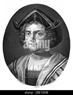 Portrait of Christopher Columbus published in 1844. Christopher Columbus (October 30 or 31, 1451 - May 20, 1506) was an Italian explorer, colonizer, and navigator. He completed four voyages across the Atlantic Ocean that led to European awareness of the American continents. During his first voyage in 1492, instead of reaching Japan, he landed in the Bahamas archipelago, which he named San Salvador. Over the course of three more voyages, he visited the Greater and Lesser Antilles, the Caribbean coast of Colombia and Venezuela, claiming them for the Spanish Empire. His efforts to establish perma Stock Photo