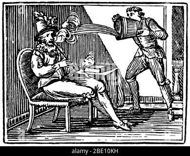 Supposedly, while smoking a pipe of the first tobacco brought from America, Raleigh was extinguished by a terrified servant who doused him with a pitcher of beer. Walter Raleigh (1554 - October 29,1618) was an English aristocrat, writer, poet, soldier, courtier, spy, and explorer. He is most remembered for popularizing tobacco in England. His plan in 1584 for colonization in North America ended in failure at Roanoke Island, but paved the way for subsequent colonies. Engraving, mid-19th century. Stock Photo