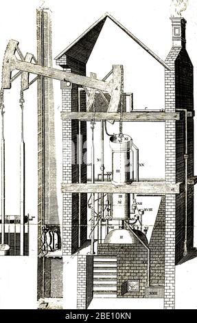Engraving of a Newcomen steam-engine, c. 1747. Historical artwork of the steam engine patented by Thomas Newcomen (1663-1729) in 1705. The Newcomen atmospheric engine was the first to have a 'walking beam' pivoted arm (top) to transfer power between the piston and the rod. It was used to pump water out of coal mines. The piston was driven down by the pressure of a partial vacuum in the cylinder, causing the rod to be drawn upwards. As steam in the cylinder condensed the piston was forced up, and the rod forced down. This is the first true steam engine. Stock Photo
