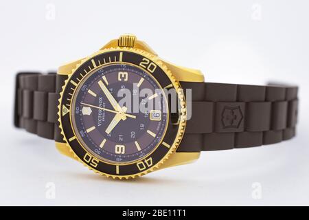 Ibach, Switzerland 31.03.2020 - The close up of Victorinox man watch stainless steel case gold PVD coating swiss quartz mechanical watch swiss made Stock Photo