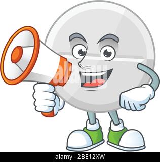 A picture of white pills cartoon design style speaking on a megaphone Stock Vector