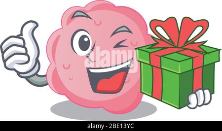 Smiling anaplasma phagocytophilum cartoon character having a green gift box Stock Vector