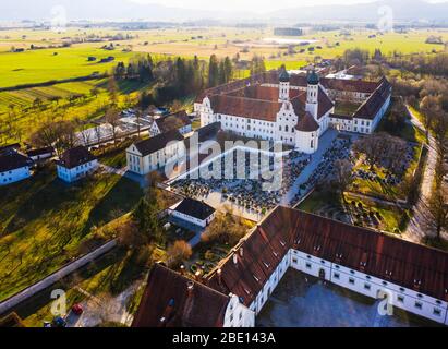 Benediktbeuern Monastery, Toelzer Land, drone recording, Alpine foothills, Upper Bavaria, Bavaria, Germany Stock Photo