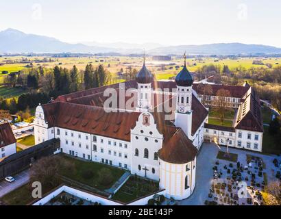 Benediktbeuern Monastery, Toelzer Land, drone recording, Alpine foothills, Upper Bavaria, Bavaria, Germany Stock Photo