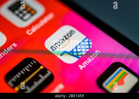 Amazon App, Icon, Logo, Display, iPhone, Many different App-Icons, App, Mobile, Smartphone, iOS, Macro shot, Detail, format filling Stock Photo