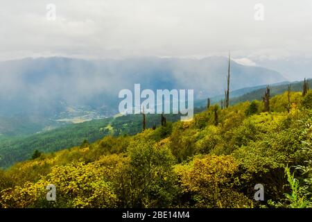 chele la pass over view to Paro town in bhutan kingdom of peace Stock Photo