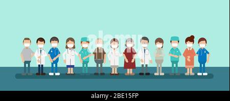Group of doctors with patients wear masks flat design vector illustration Stock Vector