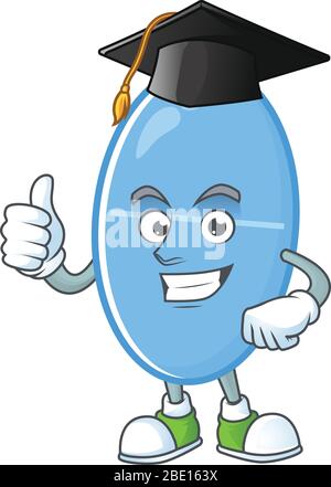 Mascot design concept of blue capsule proudly wearing a black Graduation hat Stock Vector