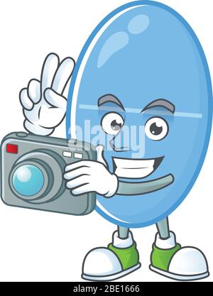 Blue capsule photographer mascot design concept using an expensive camera Stock Vector