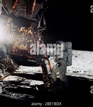 Astronaut Alan L. Bean, lunar module pilot for the Apollo 12 lunar landing mission, steps from the ladder of the Lunar Module to join astronaut Charles Conrad Jr., commander, in extravehicular activity on Nov. 19, 1969. Stock Photo