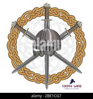 Viking helmet with three crossed swords on background Scandinavian pattern Stock Vector