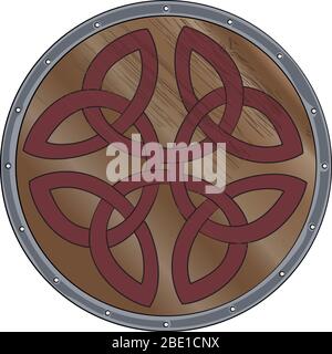 Design with Nordic sword, shield, Viking helmet and sitting on it Raven Stock Vector