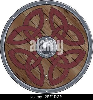 Round shield of the Viking is decorated with scandinavian ornaments Stock Vector