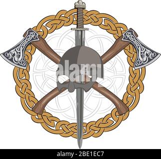 a Viking helmet, crossed axes and a Viking sword in a wreath of Scandinavian pattern Stock Vector