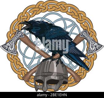 Black crow sitting on a Viking helmet with two crossed axes on background Scandinavian pattern Stock Vector