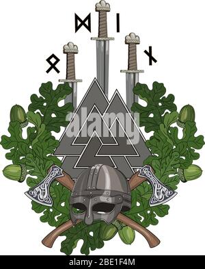 The oak wreath, a Viking helmet and two crossed battle-axes, three swords of the Vikings and Walknut with runes Stock Vector