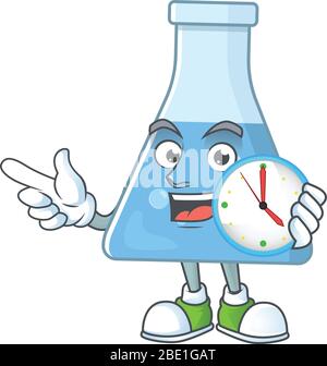 Blue chemical bottle mascot design concept holding a circle clock Stock Vector