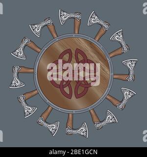 The circle of battle axes Viking, shield Viking decorated with Nordic runes Stock Vector