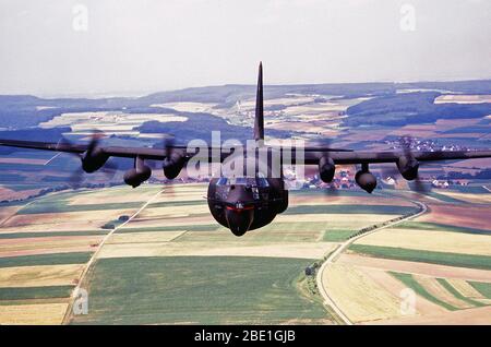 1980 - The 7th Special Operations Squadron (SOS) conducts training for special air operations and related activities.  The unit also trains with Army Special Forces and Navy SEALs for unconventional warfare operations.  Front view of an MC-130E Hercules Combat Talon aircraft of the 7th SOS during a Fulton recovery mission Stock Photo