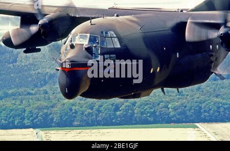 1980 - The 7th Special Operations Squadron (SOS) conducts training for special air operations and related activities.  The unit also trains with Army Special Forces and navy SEALs for unconventional warfare operations.  Close-up left front viw of an MC-130E Hercules Combat Talon aircraft of the 7th SOS during a Fulton recovery mission Stock Photo