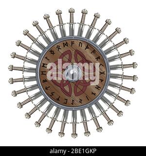 The circle of battle swords Viking, shield Viking decorated with Nordic runes Stock Vector