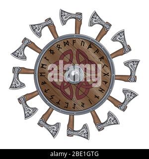 The circle of battle axes Viking, shield Viking decorated with Nordic runes Stock Vector