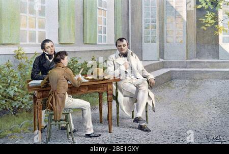 NAPOLEON in exile on St. Helena dictating his memoirs to Emmanuel de Las Casas and his son, about 1816 Stock Photo