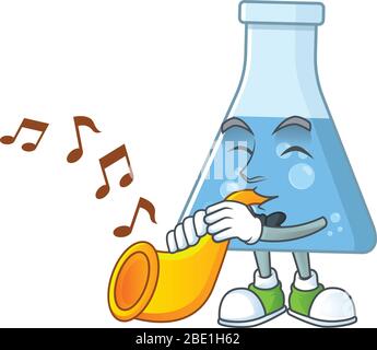 A brilliant musician of blue chemical bottle cartoon character playing a trumpet Stock Vector