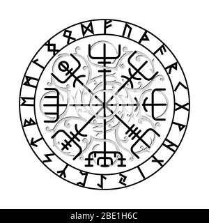 Vegvisir, the Magic Navigation Compass of ancient Icelandic Vikings with scandinavian runes Stock Vector