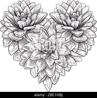 Heart Flower Love Floral Engraved Etching Stock Vector