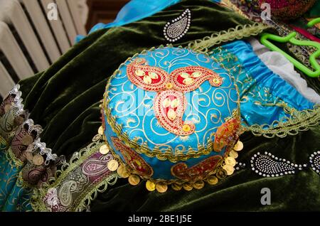 Tradional Azerbaijani souveniers hats and knitted clothing sold . They would wear a rider under the headgear hat, stroke . Araxchin is a national hood Stock Photo