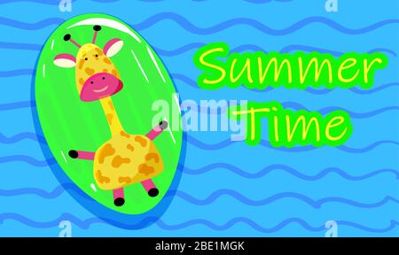 Cute giraffe on an inflatable mattress in the pool. Hello summer party poster. Summer time. Stock Vector