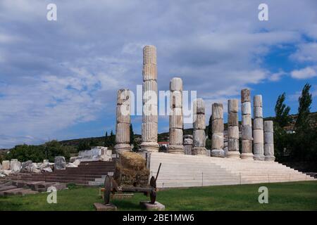 The restoration of The temple of Apollon 'Lord of Mice' Smintheion. View of the main part of the temple from left. It stands since 200-300 BC. A woode Stock Photo