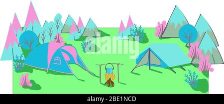 Summer camp. Wildlife landscape with tents. Camping and tourism. Vector illustration. . Stock Vector