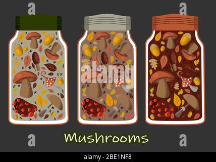 Vector illustration canned food set, collection. Tomato soup, chicken soup, sweet peas, golden corn and mushrooms. Metal tin can Stock Vector