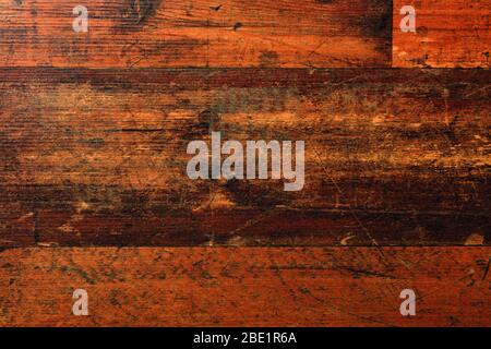 The beautiful texture of natural floorboards, worn and scratched over many years of use, with cracks, stains and a horizontal pattern of fibers. Stock Photo