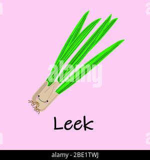 Kawaii cartoon leek vector illustration isolated on bright background.. Stock Vector