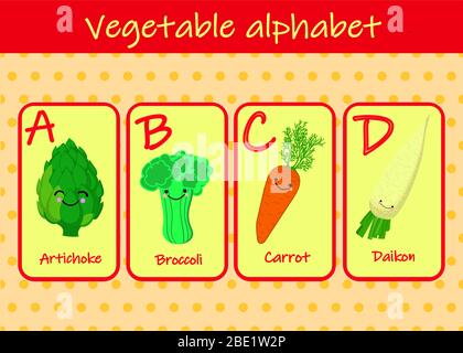 Illustration with funny characters. Children's font in cartoon style VEGETABLES . Set of multicolored bright letters for inscriptions AND TRAINING Stock Vector