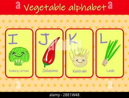 Illustration with funny characters. Children's font in cartoon style VEGETABLES . Set of multicolored bright letters for inscriptions AND TRAINING Stock Vector