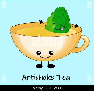 Cup of tea from artichokes. Cute children illustration. Vector illustration on white background Stock Vector