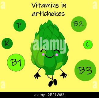 card for children s learning. Witches in vegetables. Useful properties of artichoke. Vector illustration. Stock Vector