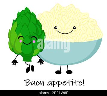 cooked boiled rice with artichokes. National Italian food. Vector illustration. Stock Vector